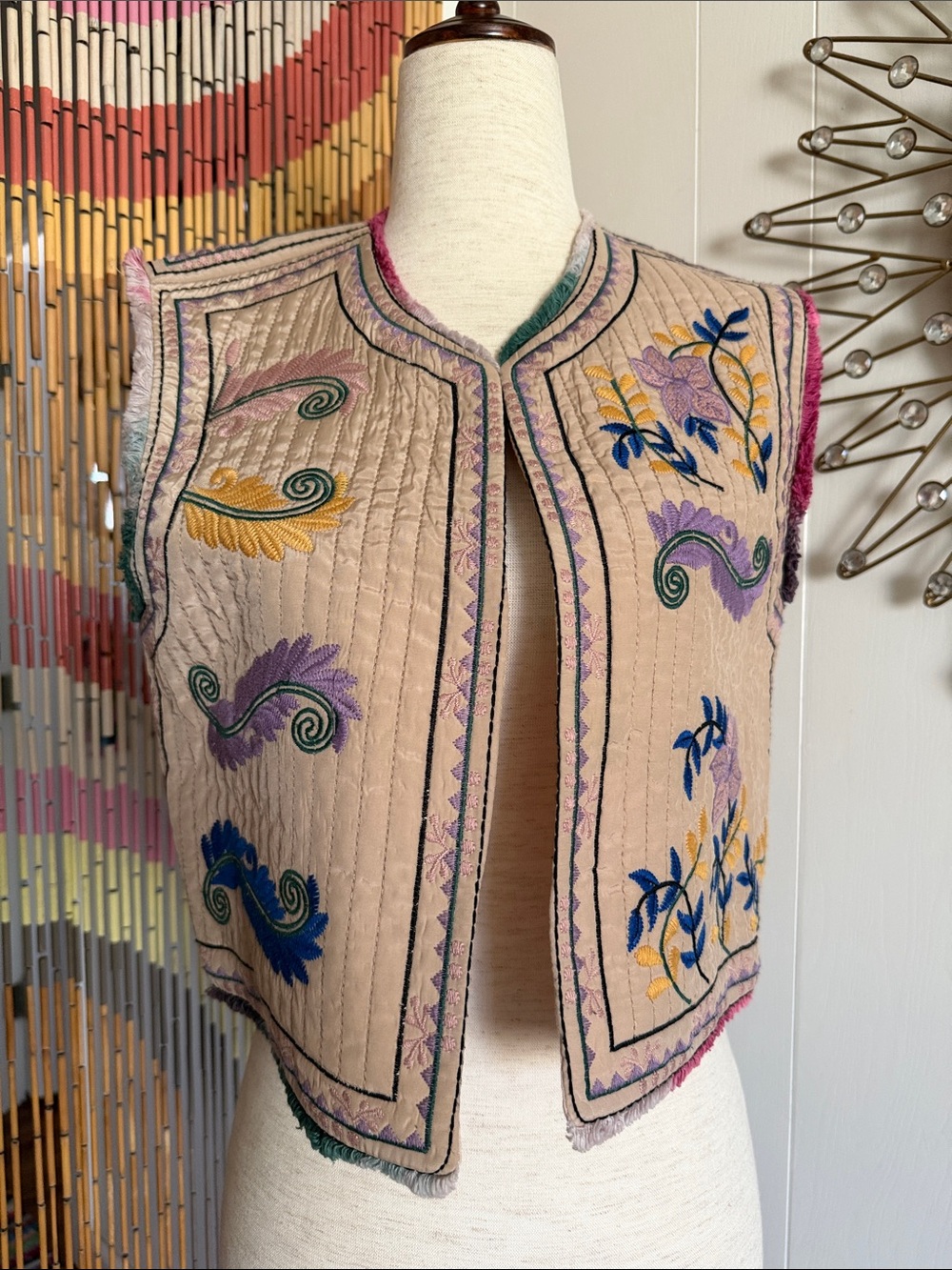 Zara Embroidered Beige Quilted Vest with Multicolor Feathers